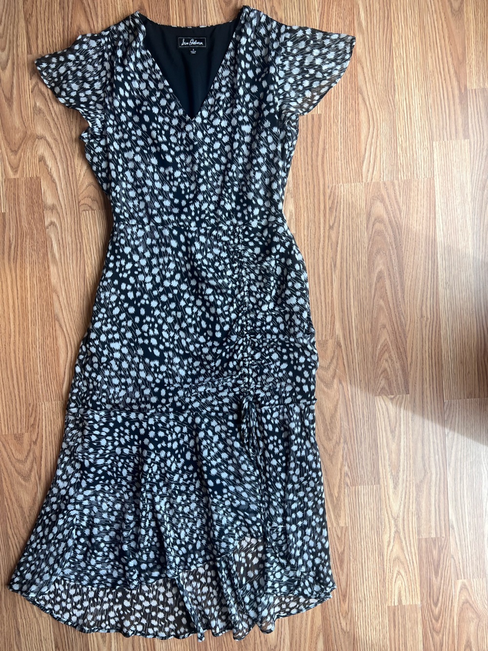 Sam Edelman Black and White Printed Ruched Midi Dress